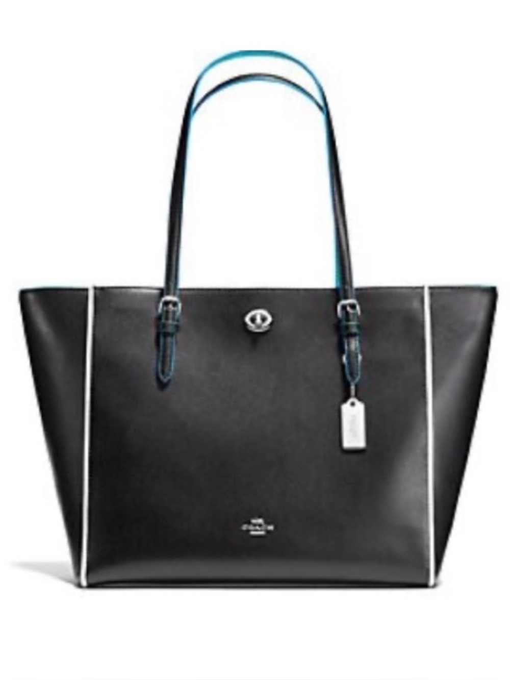 Coach Turnlock Tote bag Edgestain Leather Black Teal Turquoise L Handbag 38323